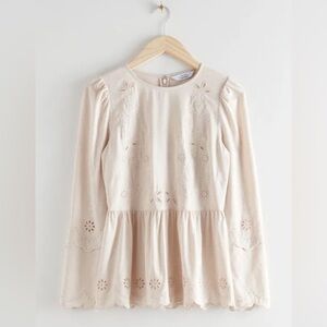 & Other Stories Size US 4 Beige Embroidered Scallop Peplum Blouse